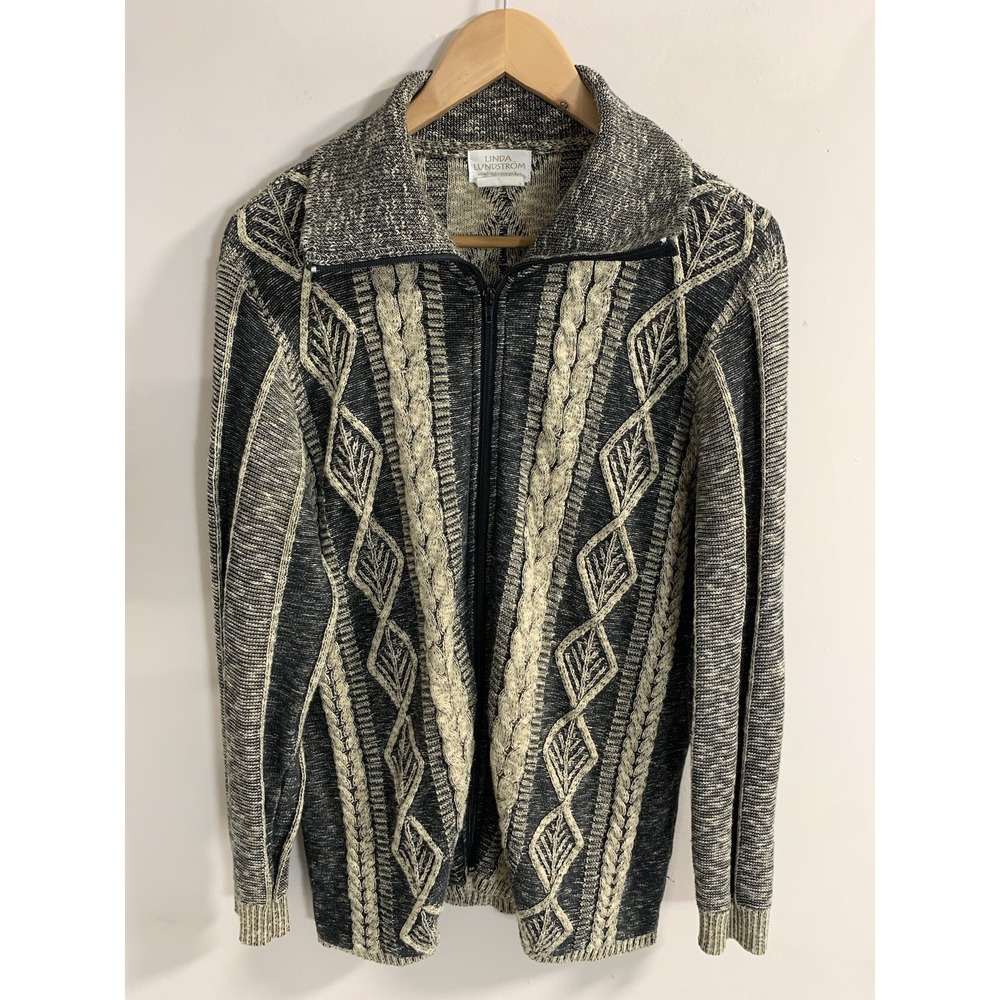 Vintage Cable Knit 3D Sweater Women's M/L 10-12 Beige Gray Full Zip Cottage Y2K